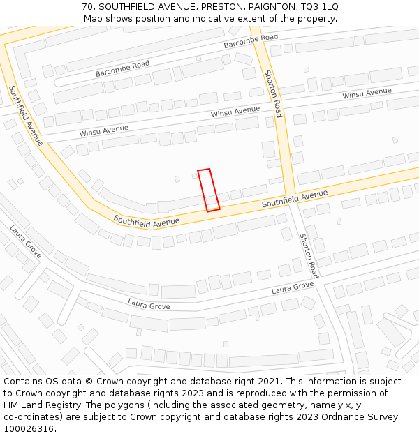 70, SOUTHFIELD AVENUE, PRESTON, PAIGNTON, TQ3 1LQ: Location map and indicative extent of plot
