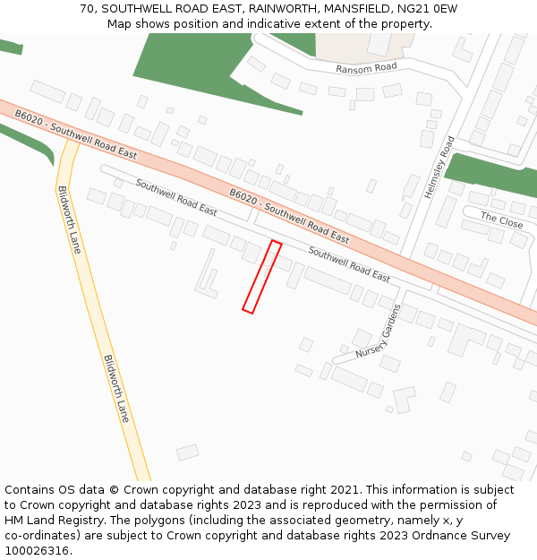 70, SOUTHWELL ROAD EAST, RAINWORTH, MANSFIELD, NG21 0EW: Location map and indicative extent of plot