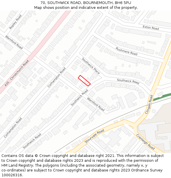 70, SOUTHWICK ROAD, BOURNEMOUTH, BH6 5PU: Location map and indicative extent of plot