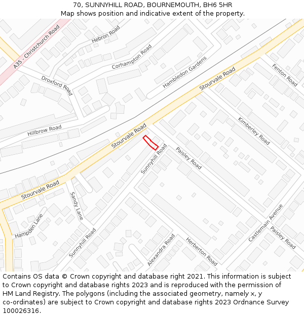 70, SUNNYHILL ROAD, BOURNEMOUTH, BH6 5HR: Location map and indicative extent of plot