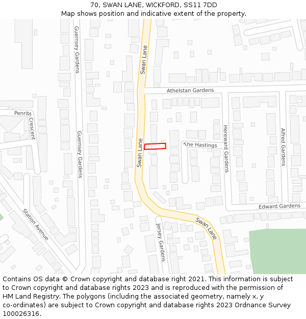 70, SWAN LANE, WICKFORD, SS11 7DD: Location map and indicative extent of plot