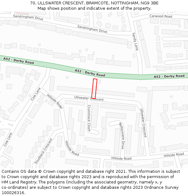 70, ULLSWATER CRESCENT, BRAMCOTE, NOTTINGHAM, NG9 3BE: Location map and indicative extent of plot