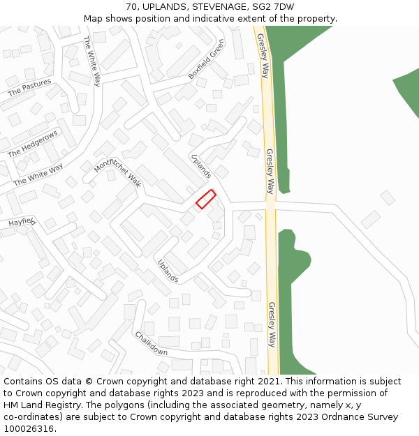 70, UPLANDS, STEVENAGE, SG2 7DW: Location map and indicative extent of plot