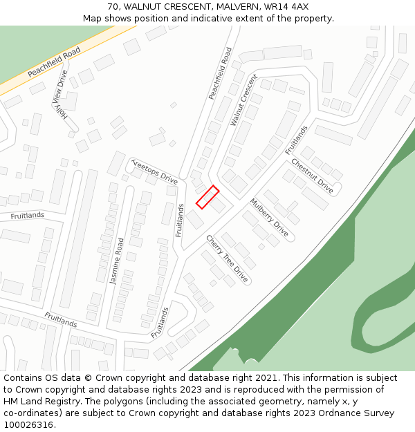 70, WALNUT CRESCENT, MALVERN, WR14 4AX: Location map and indicative extent of plot