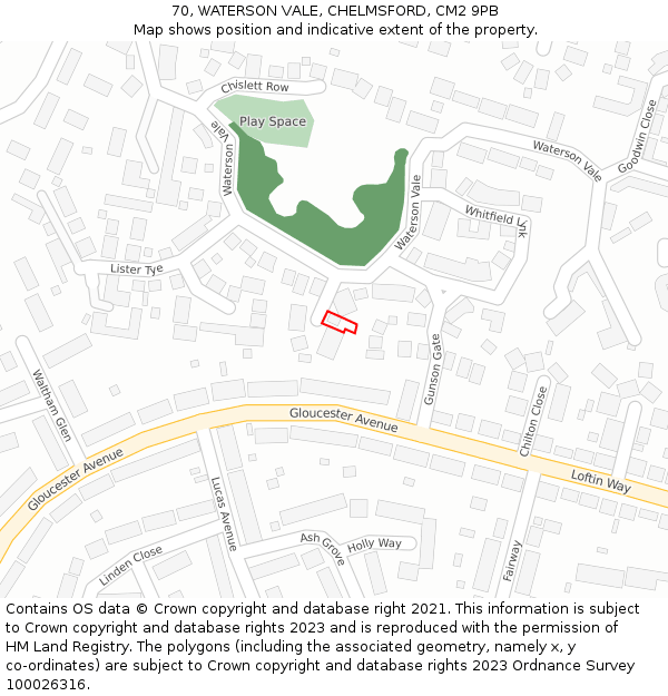 70, WATERSON VALE, CHELMSFORD, CM2 9PB: Location map and indicative extent of plot