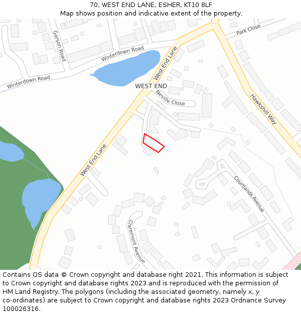 70, WEST END LANE, ESHER, KT10 8LF: Location map and indicative extent of plot