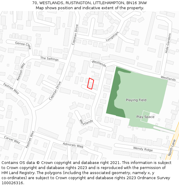 70, WESTLANDS, RUSTINGTON, LITTLEHAMPTON, BN16 3NW: Location map and indicative extent of plot