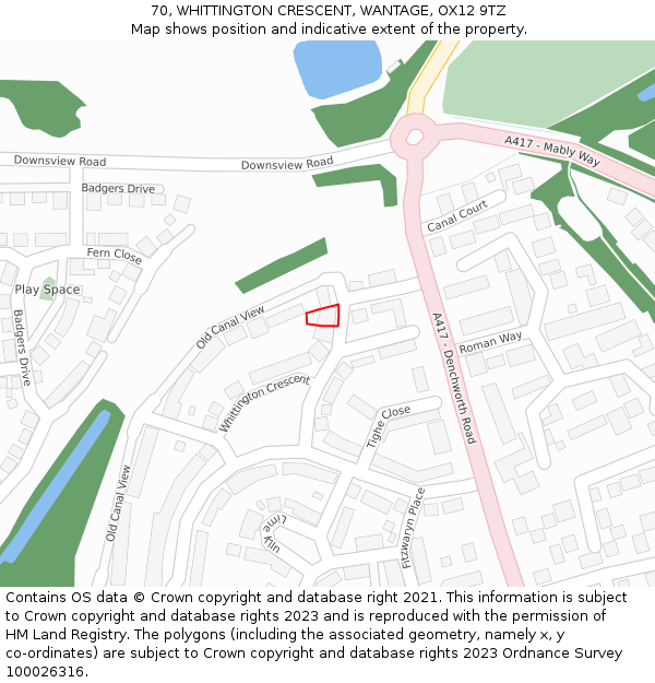 70, WHITTINGTON CRESCENT, WANTAGE, OX12 9TZ: Location map and indicative extent of plot