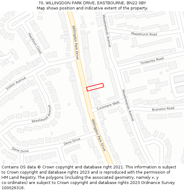 70, WILLINGDON PARK DRIVE, EASTBOURNE, BN22 0BY: Location map and indicative extent of plot