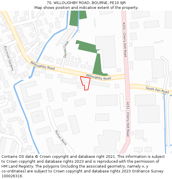 70, WILLOUGHBY ROAD, BOURNE, PE10 9JR: Location map and indicative extent of plot