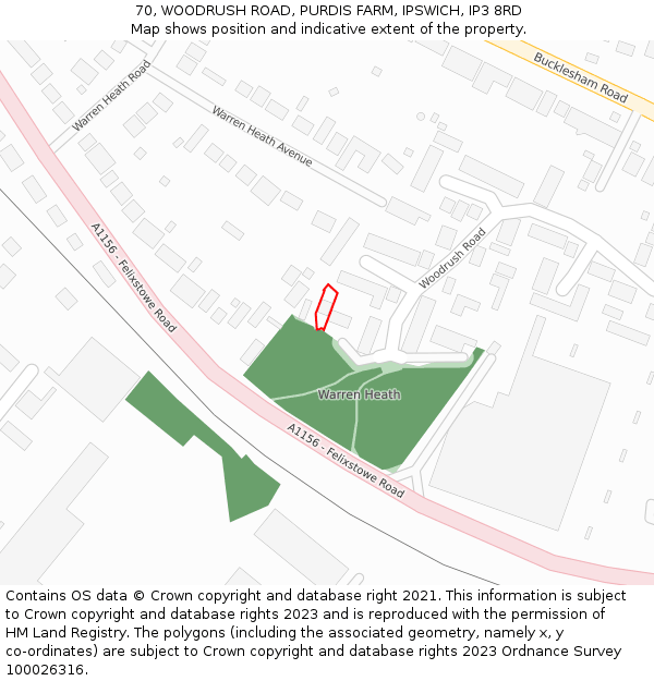 70, WOODRUSH ROAD, PURDIS FARM, IPSWICH, IP3 8RD: Location map and indicative extent of plot