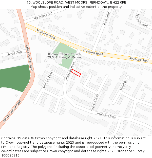 70, WOOLSLOPE ROAD, WEST MOORS, FERNDOWN, BH22 0PE: Location map and indicative extent of plot