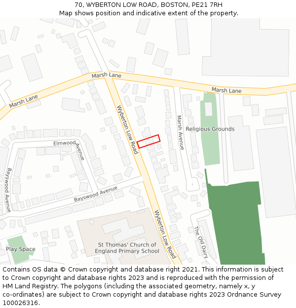 70, WYBERTON LOW ROAD, BOSTON, PE21 7RH: Location map and indicative extent of plot