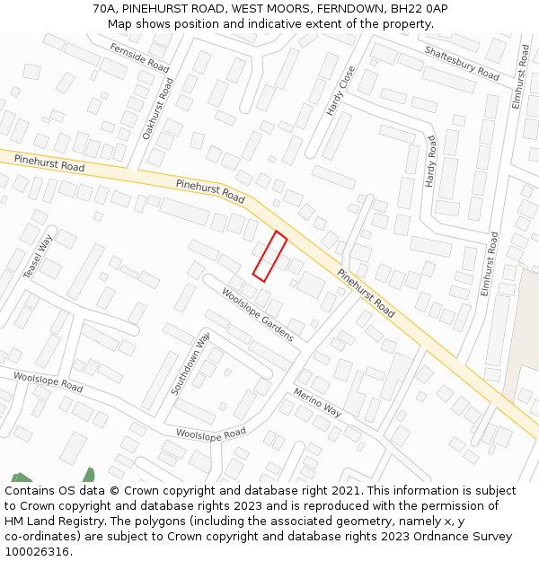 70A, PINEHURST ROAD, WEST MOORS, FERNDOWN, BH22 0AP: Location map and indicative extent of plot