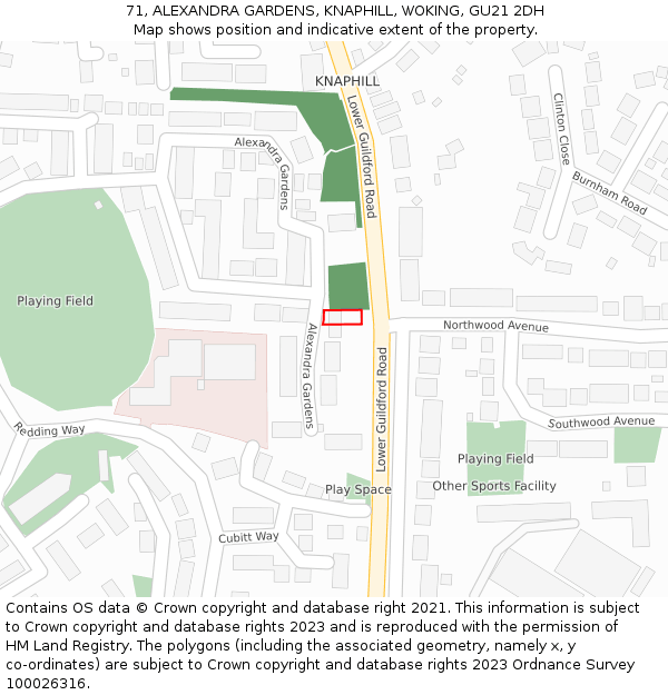 71, ALEXANDRA GARDENS, KNAPHILL, WOKING, GU21 2DH: Location map and indicative extent of plot