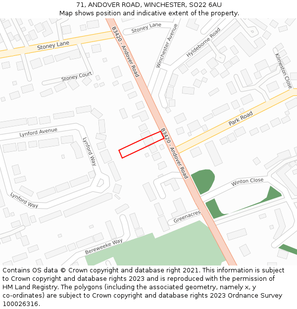 71, ANDOVER ROAD, WINCHESTER, SO22 6AU: Location map and indicative extent of plot