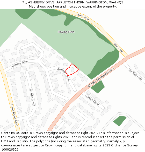 71, ASHBERRY DRIVE, APPLETON THORN, WARRINGTON, WA4 4QS: Location map and indicative extent of plot