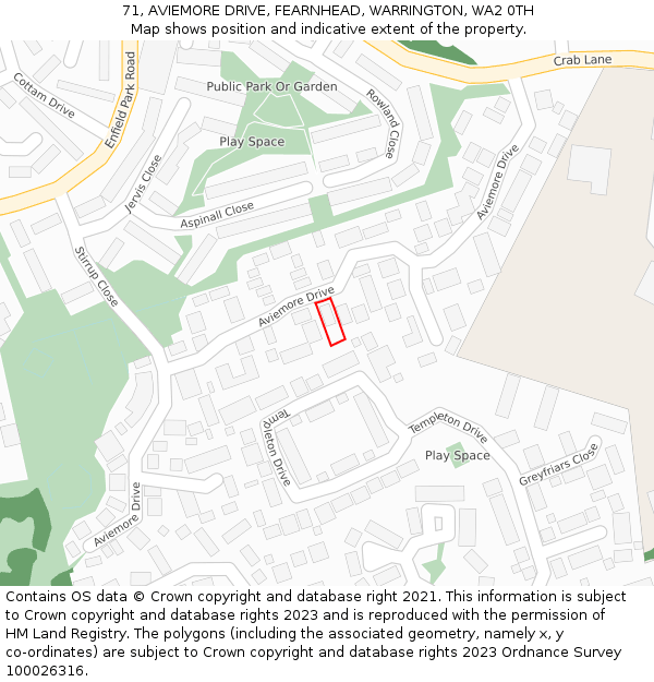 71, AVIEMORE DRIVE, FEARNHEAD, WARRINGTON, WA2 0TH: Location map and indicative extent of plot