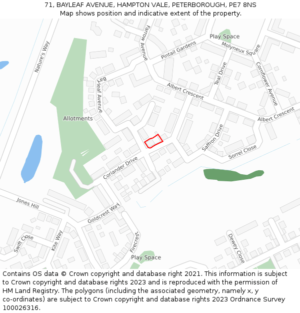 71, BAYLEAF AVENUE, HAMPTON VALE, PETERBOROUGH, PE7 8NS: Location map and indicative extent of plot