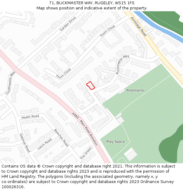 71, BUCKMASTER WAY, RUGELEY, WS15 1FS: Location map and indicative extent of plot