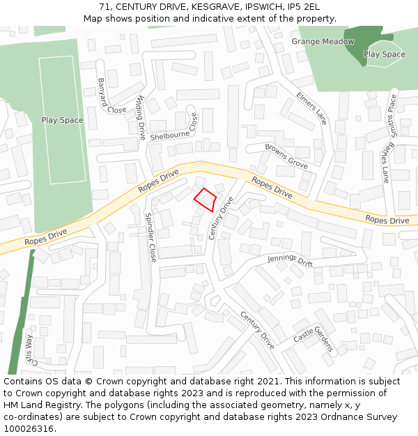 71, CENTURY DRIVE, KESGRAVE, IPSWICH, IP5 2EL: Location map and indicative extent of plot