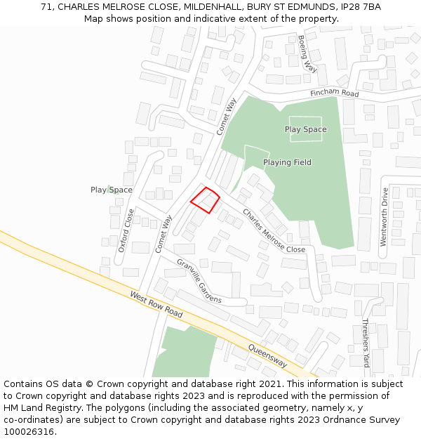 71, CHARLES MELROSE CLOSE, MILDENHALL, BURY ST EDMUNDS, IP28 7BA: Location map and indicative extent of plot