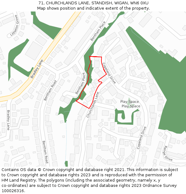 71, CHURCHLANDS LANE, STANDISH, WIGAN, WN6 0XU: Location map and indicative extent of plot