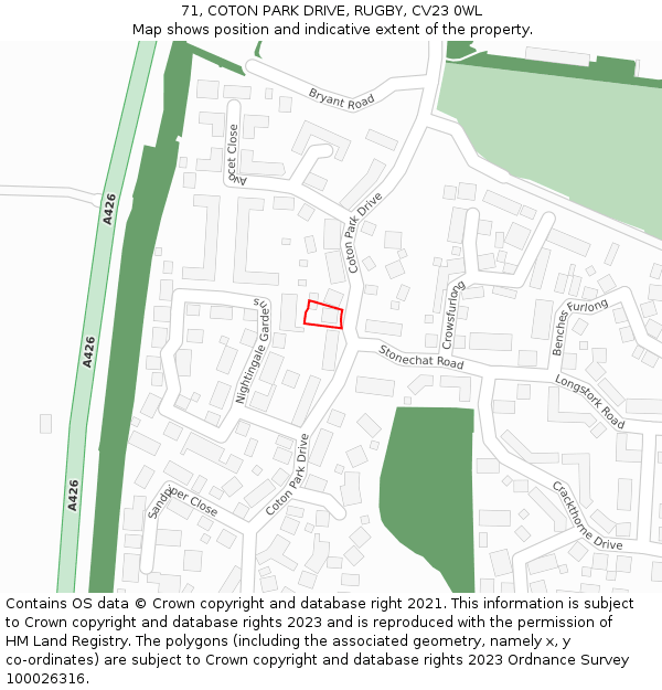 71, COTON PARK DRIVE, RUGBY, CV23 0WL: Location map and indicative extent of plot