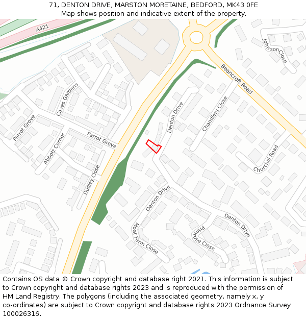 71, DENTON DRIVE, MARSTON MORETAINE, BEDFORD, MK43 0FE: Location map and indicative extent of plot