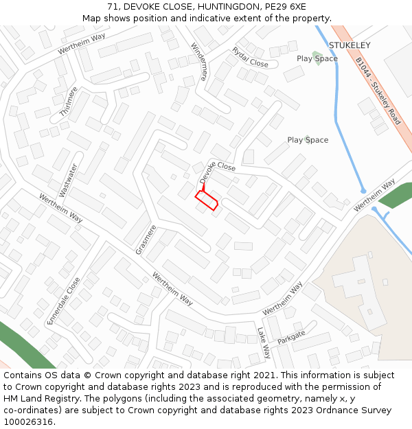 71, DEVOKE CLOSE, HUNTINGDON, PE29 6XE: Location map and indicative extent of plot