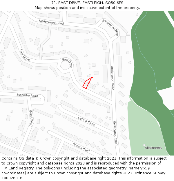 71, EAST DRIVE, EASTLEIGH, SO50 6FS: Location map and indicative extent of plot