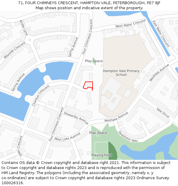 71, FOUR CHIMNEYS CRESCENT, HAMPTON VALE, PETERBOROUGH, PE7 8JF: Location map and indicative extent of plot