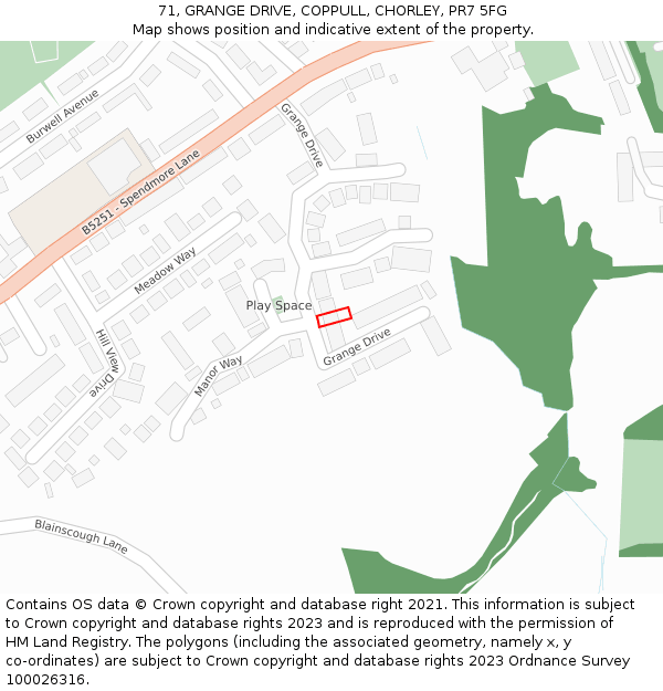 71, GRANGE DRIVE, COPPULL, CHORLEY, PR7 5FG: Location map and indicative extent of plot