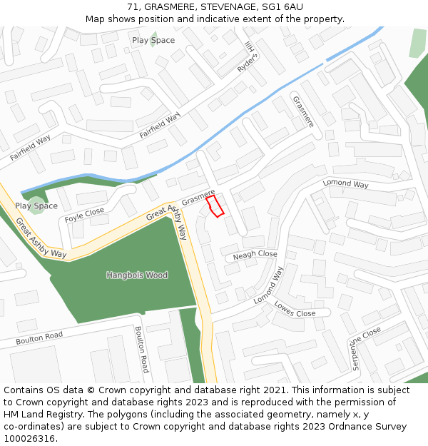 71, GRASMERE, STEVENAGE, SG1 6AU: Location map and indicative extent of plot