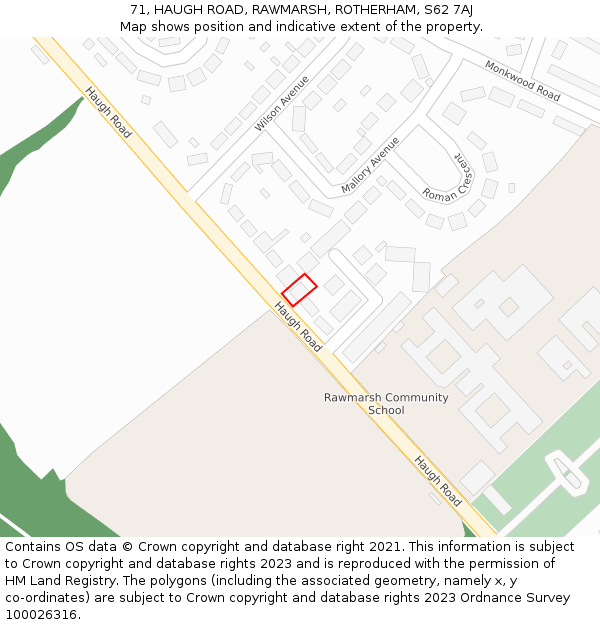71, HAUGH ROAD, RAWMARSH, ROTHERHAM, S62 7AJ: Location map and indicative extent of plot