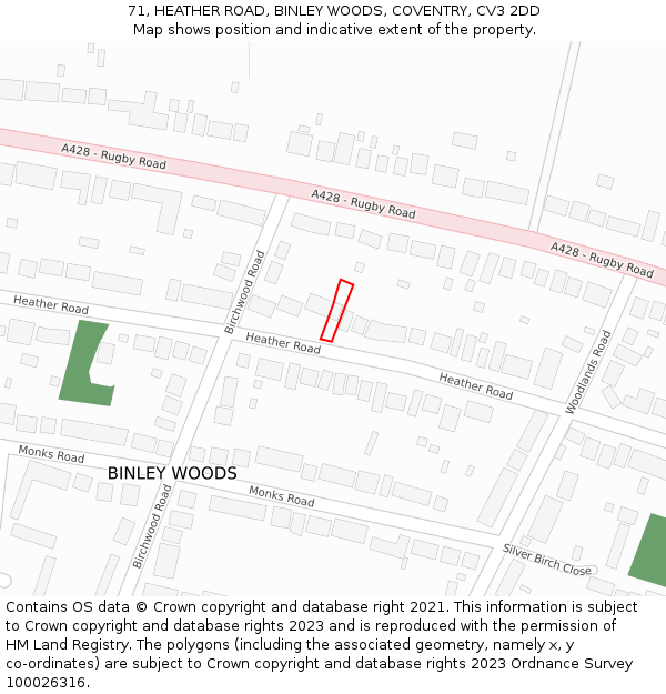 71, HEATHER ROAD, BINLEY WOODS, COVENTRY, CV3 2DD: Location map and indicative extent of plot