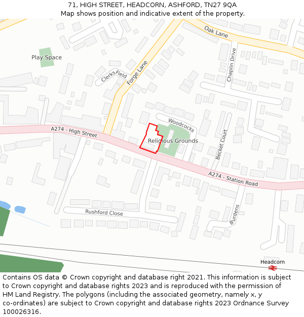 71, HIGH STREET, HEADCORN, ASHFORD, TN27 9QA: Location map and indicative extent of plot