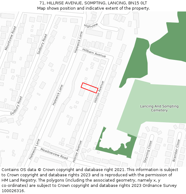 71, HILLRISE AVENUE, SOMPTING, LANCING, BN15 0LT: Location map and indicative extent of plot