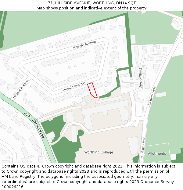 71, HILLSIDE AVENUE, WORTHING, BN14 9QT: Location map and indicative extent of plot