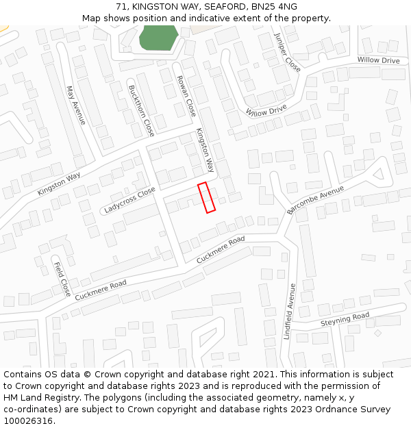 71, KINGSTON WAY, SEAFORD, BN25 4NG: Location map and indicative extent of plot