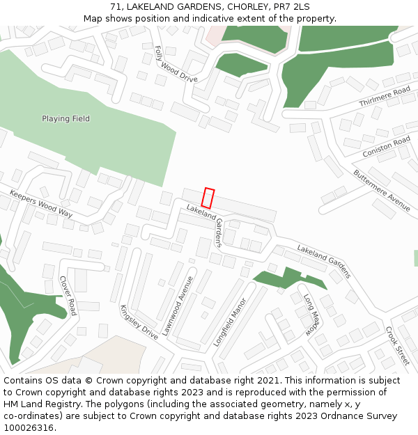 71, LAKELAND GARDENS, CHORLEY, PR7 2LS: Location map and indicative extent of plot
