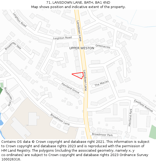 71, LANSDOWN LANE, BATH, BA1 4ND: Location map and indicative extent of plot