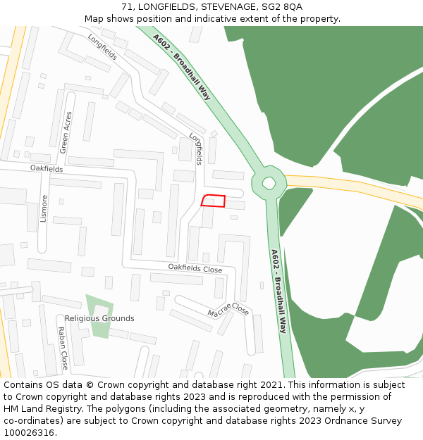 71, LONGFIELDS, STEVENAGE, SG2 8QA: Location map and indicative extent of plot