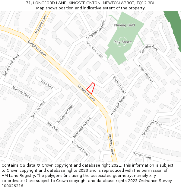 71, LONGFORD LANE, KINGSTEIGNTON, NEWTON ABBOT, TQ12 3DL: Location map and indicative extent of plot