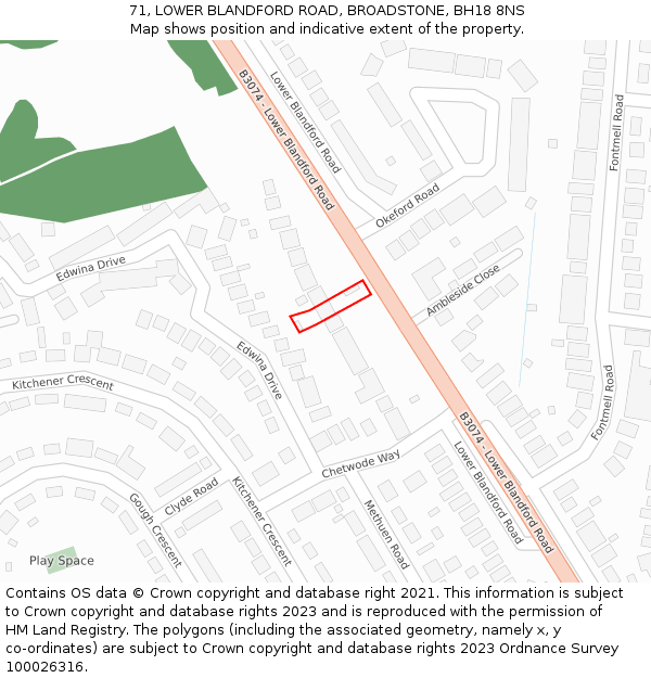 71, LOWER BLANDFORD ROAD, BROADSTONE, BH18 8NS: Location map and indicative extent of plot