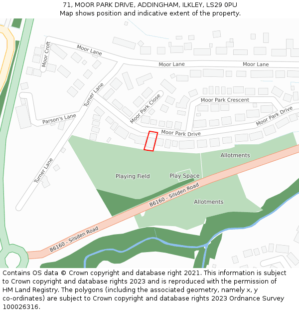 71, MOOR PARK DRIVE, ADDINGHAM, ILKLEY, LS29 0PU: Location map and indicative extent of plot
