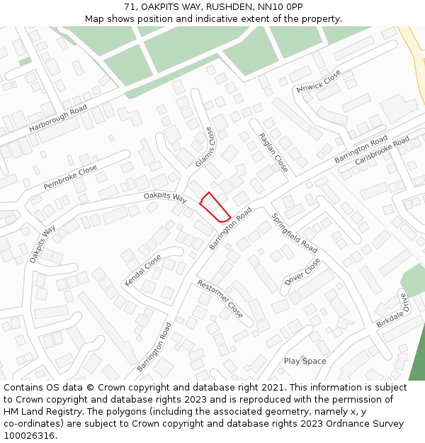 71, OAKPITS WAY, RUSHDEN, NN10 0PP: Location map and indicative extent of plot