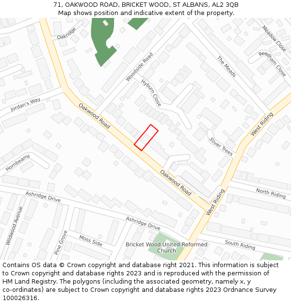 71, OAKWOOD ROAD, BRICKET WOOD, ST ALBANS, AL2 3QB: Location map and indicative extent of plot