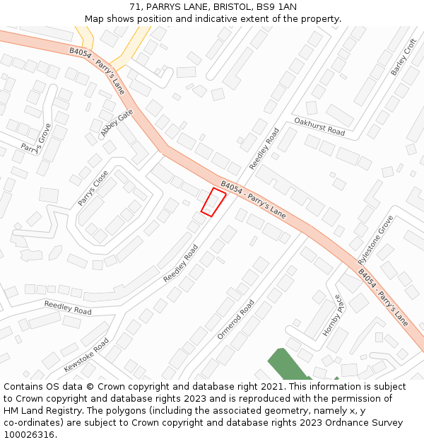 71, PARRYS LANE, BRISTOL, BS9 1AN: Location map and indicative extent of plot