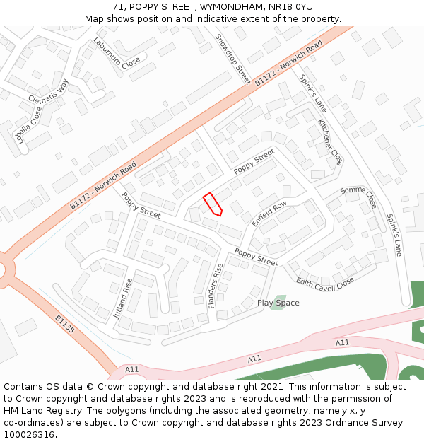 71, POPPY STREET, WYMONDHAM, NR18 0YU: Location map and indicative extent of plot
